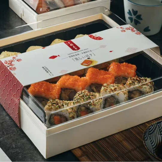Logotip po meri Biorazgradljiva lesena škatla za suši, pladenj Bento za enkratno uporabo, veleprodajni proizvajalec
